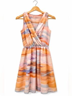 100% Silk Sleeveless Watercolor Mini Dress in Peach & Lavender